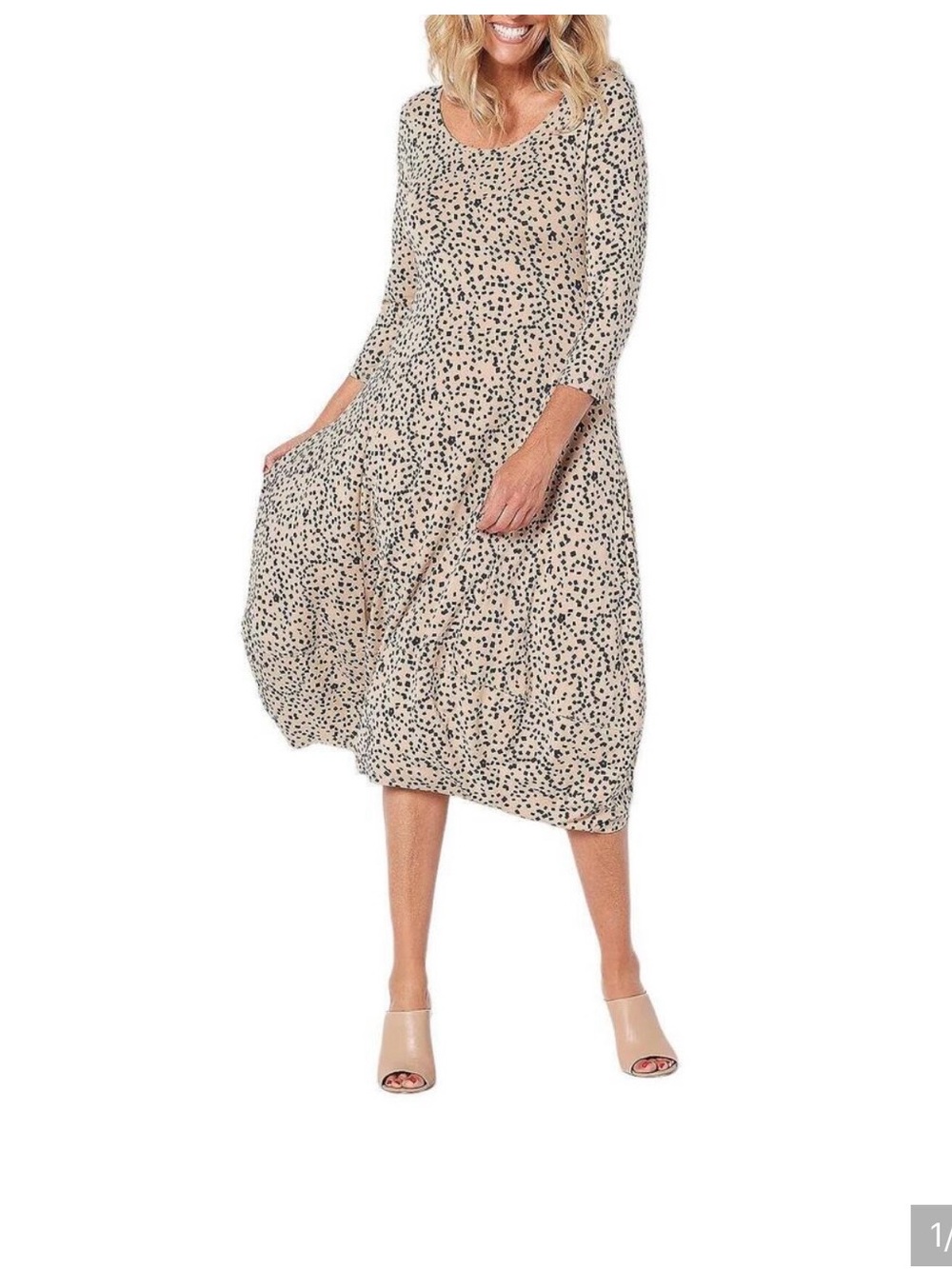 Truth + Style Beige & Black Square Dot Scoop-Neck Bubble Hem Dress